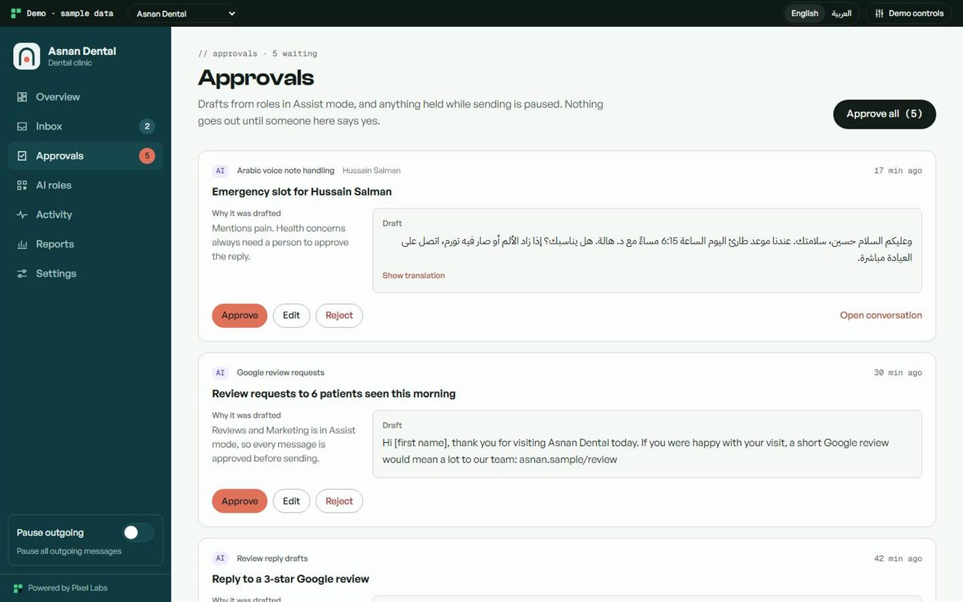 Demo approvals queue: drafts written by AI roles waiting for a person to approve, edit or reject