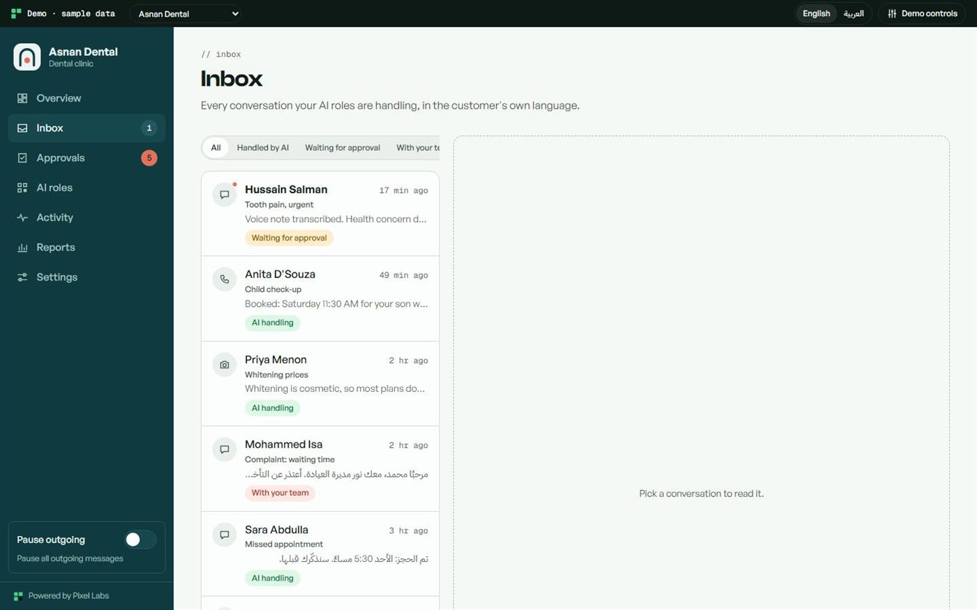 Demo inbox for a sample dental clinic: conversations handled by the AI receptionist