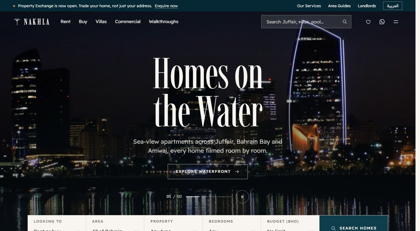 Demo website for a fictional property agency: a night skyline, the headline Homes on the Water and a property search bar
